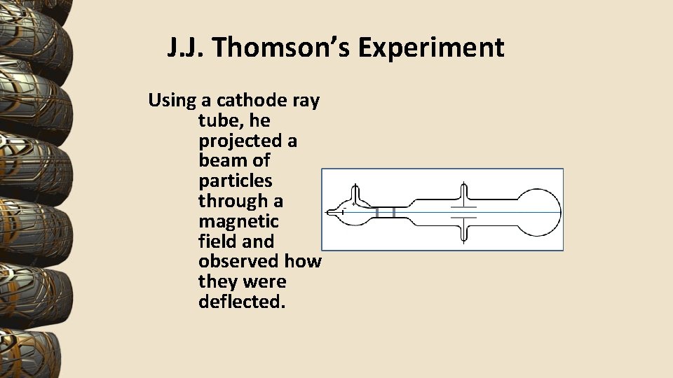 J. J. Thomson’s Experiment Using a cathode ray tube, he projected a beam of