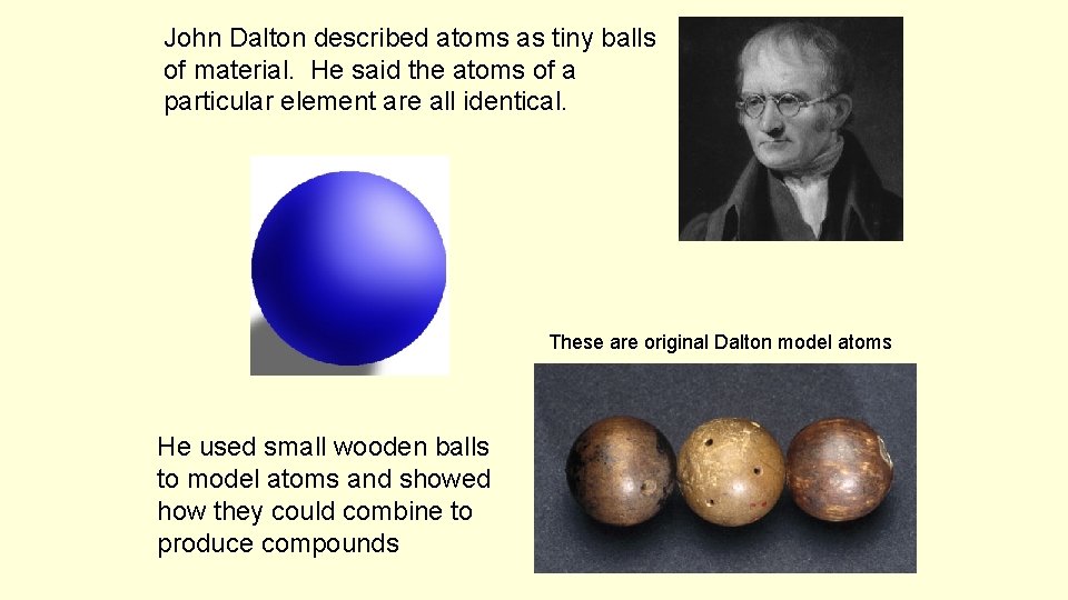 John Dalton described atoms as tiny balls of material. He said the atoms of