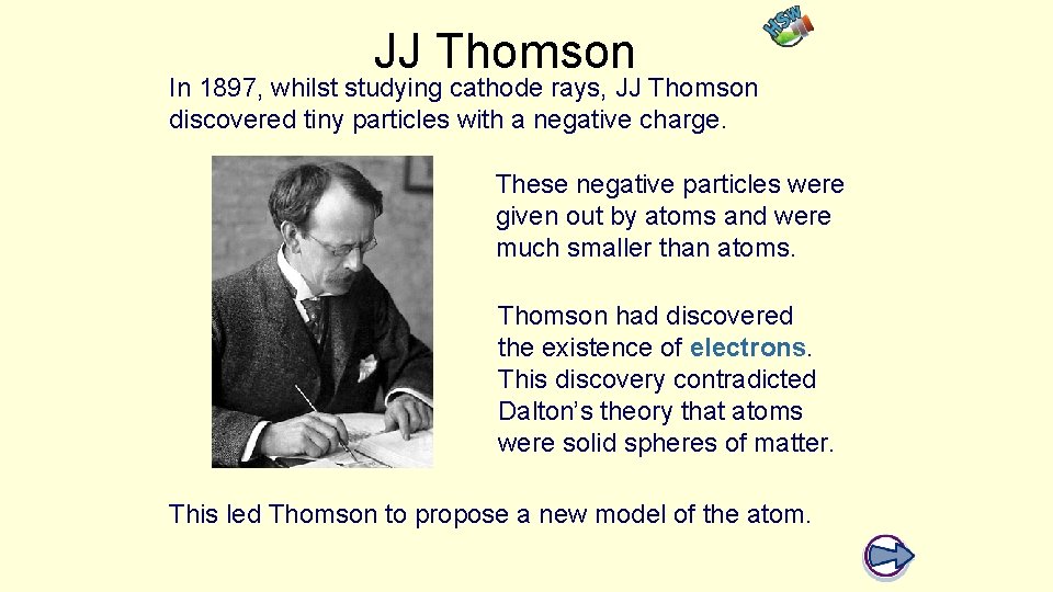 JJ Thomson In 1897, whilst studying cathode rays, JJ Thomson discovered tiny particles with