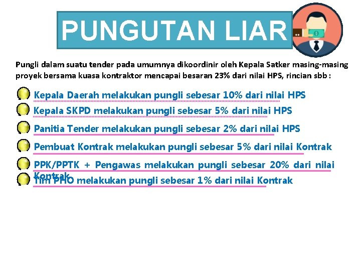 PUNGUTAN LIAR Pungli dalam suatu tender pada umumnya dikoordinir oleh Kepala Satker masing-masing proyek