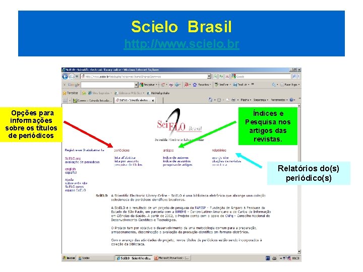 Scielo Brasil http: //www. scielo. br Opções para informações sobre os títulos de periódicos