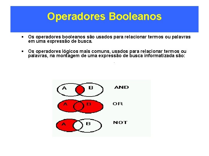 Operadores Booleanos § Os operadores booleanos são usados para relacionar termos ou palavras em