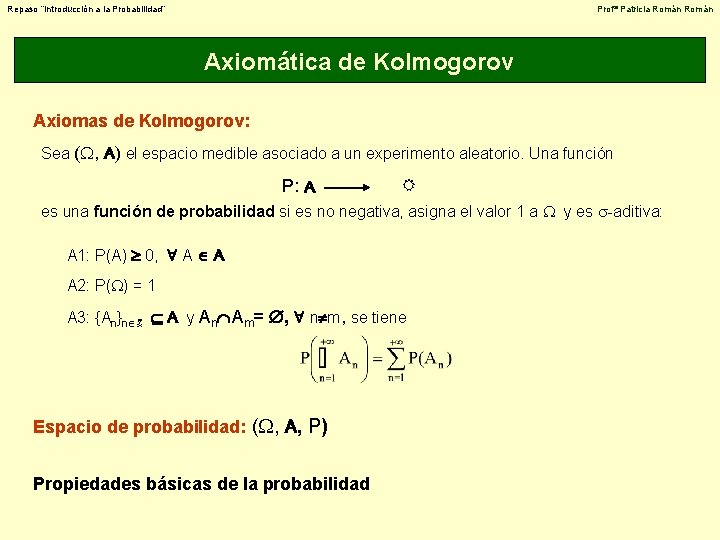 Repaso “Introducción a la Probabilidad” Profª Patricia Román Axiomática de Kolmogorov Axiomas de Kolmogorov: