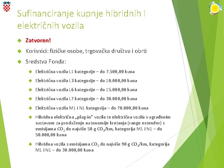 Sufinanciranje kupnje hibridnih i električnih vozila Zatvoren! Korisnici: fizičke osobe, trgovačka društva i obrti