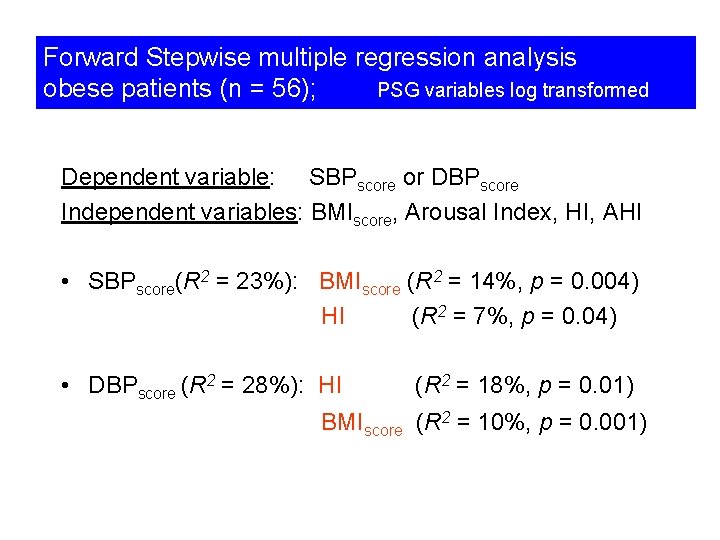 Forward Stepwise multiple regression analysis obese patients (n = 56); PSG variables log transformed