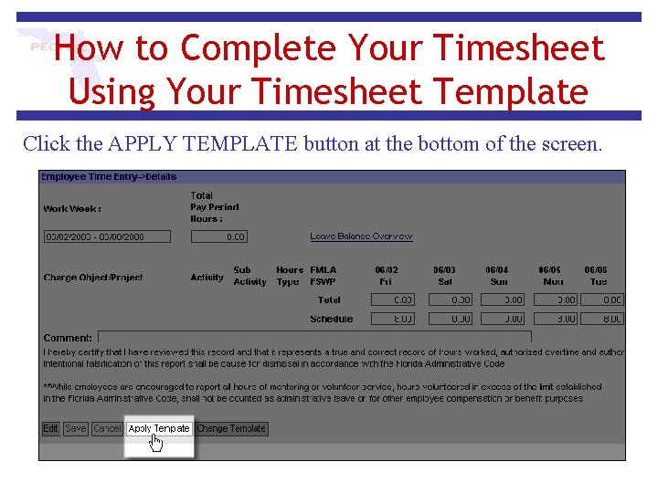 How to Complete Your Timesheet Using Your Timesheet Template Click the APPLY TEMPLATE button