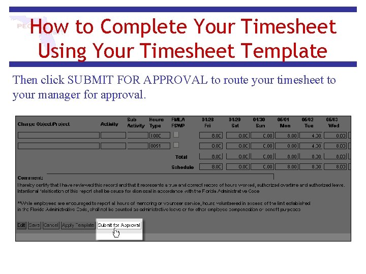 How to Complete Your Timesheet Using Your Timesheet Template Then click SUBMIT FOR APPROVAL