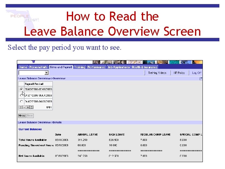 How to Read the Leave Balance Overview Screen Select the pay period you want
