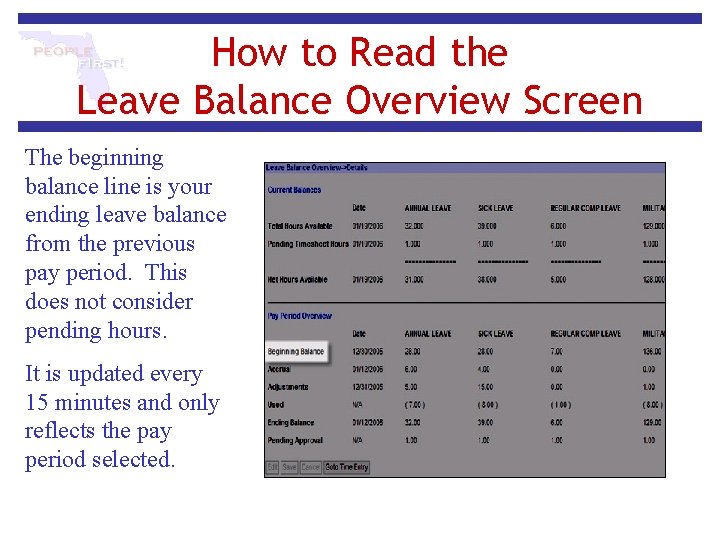 How to Read the Leave Balance Overview Screen The beginning balance line is your