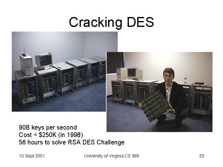 Cracking DES 90 B keys per second Cost < $250 K (in 1998) 56