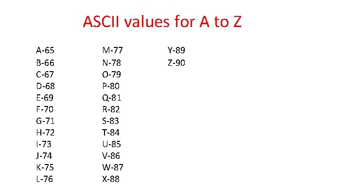 ASCII values for A to Z A-65 B-66 C-67 D-68 E-69 F-70 G-71 H-72