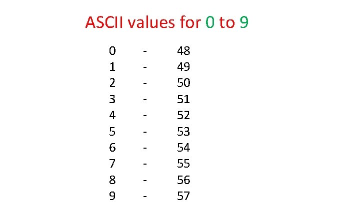 ASCII values for 0 to 9 0 1 2 3 4 5 6 7