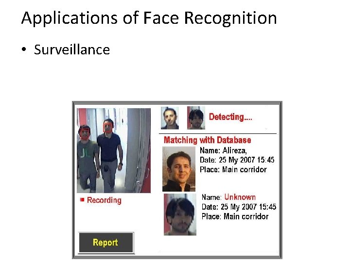 Applications of Face Recognition • Surveillance 