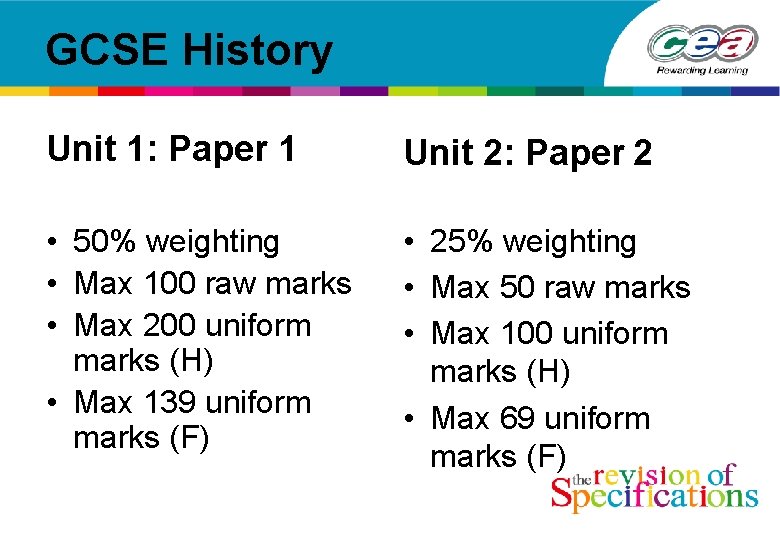 GCSE History Unit 1: Paper 1 Unit 2: Paper 2 • 50% weighting •