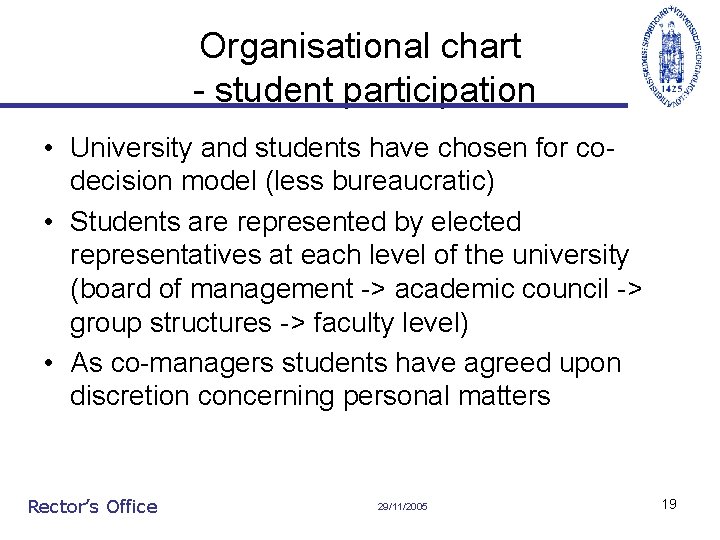 Organisational chart - student participation • University and students have chosen for codecision model