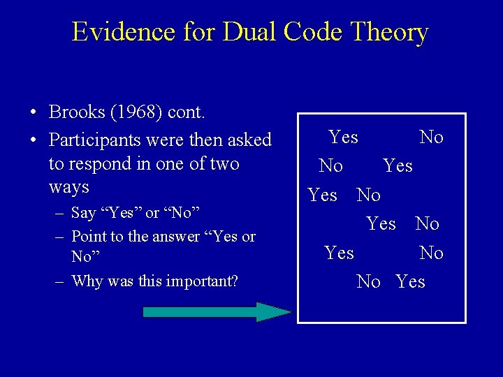 Evidence for Dual Code Theory • Brooks (1968) cont. • Participants were then asked