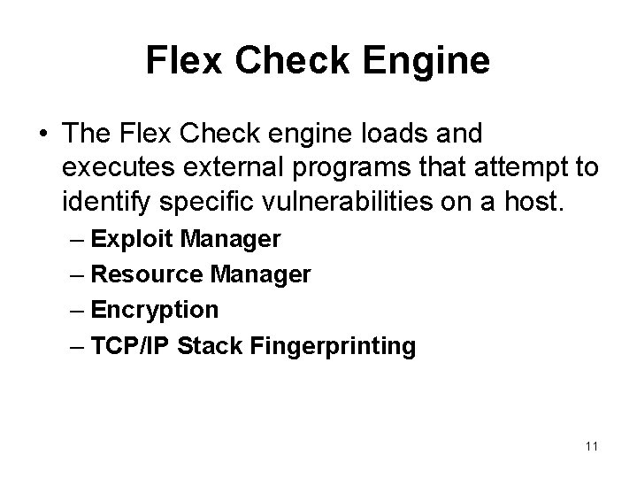 Flex Check Engine • The Flex Check engine loads and executes external programs that