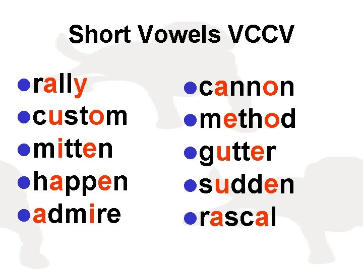 Short Vowels VCCV lrally lcustom lmitten lhappen ladmire lcannon lmethod lgutter lsudden lrascal 