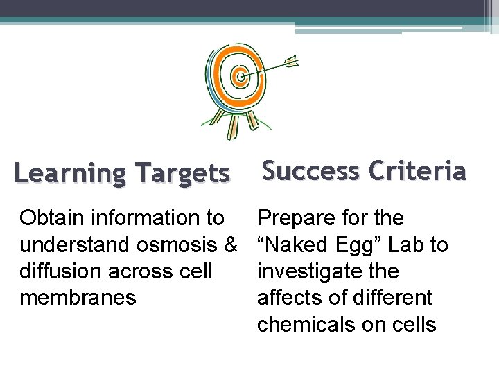 Learning Targets Success Criteria Obtain information to understand osmosis & diffusion across cell membranes Learning Targets Success Criteria Obtain information to understand osmosis & diffusion across cell membranes