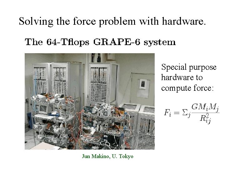 Solving the force problem with hardware. Special purpose hardware to compute force: Jun Makino,