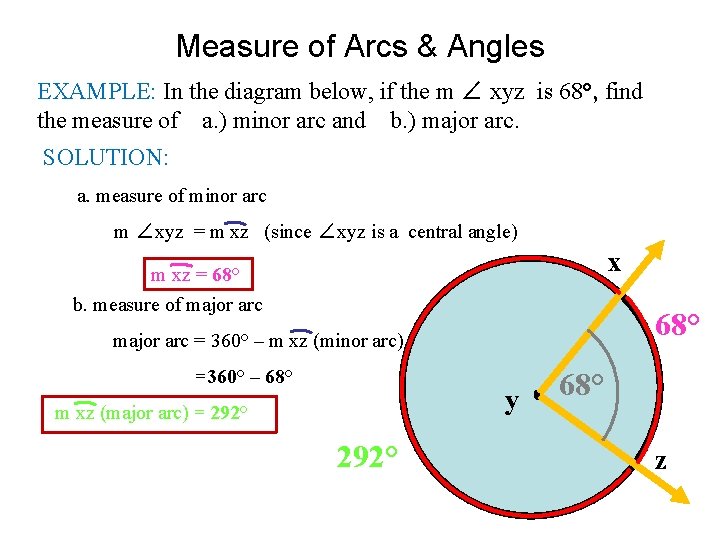 Measure of Arcs & Angles EXAMPLE: In the diagram below, if the m ∠