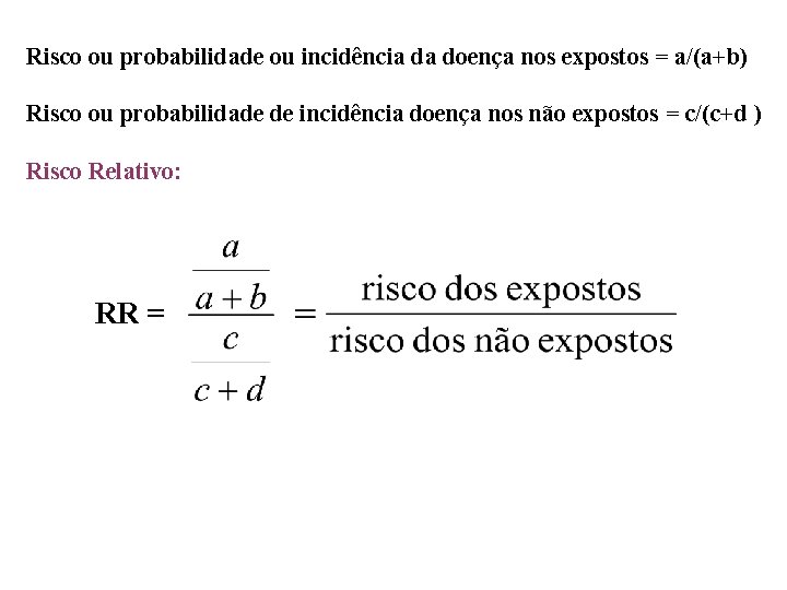 Risco ou probabilidade ou incidência da doença nos expostos = a/(a+b) Risco ou probabilidade