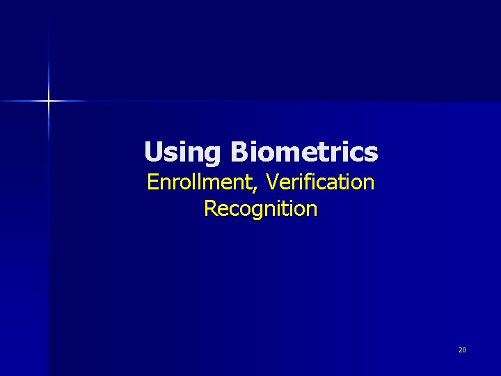 Using Biometrics Enrollment, Verification Recognition 20 