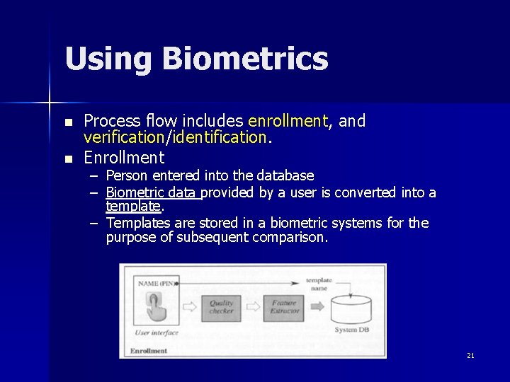 Using Biometrics n n Process flow includes enrollment, and verification/identification. Enrollment – Person entered