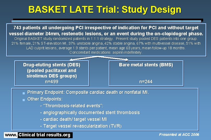 BASKET LATE Trial: Study Design 743 patients all undergoing PCI irrespective of indication for