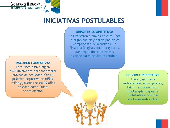 INICIATIVAS POSTULABLES DEPORTE COMPETITIVO: Se financiará a través de esta línea la organización y