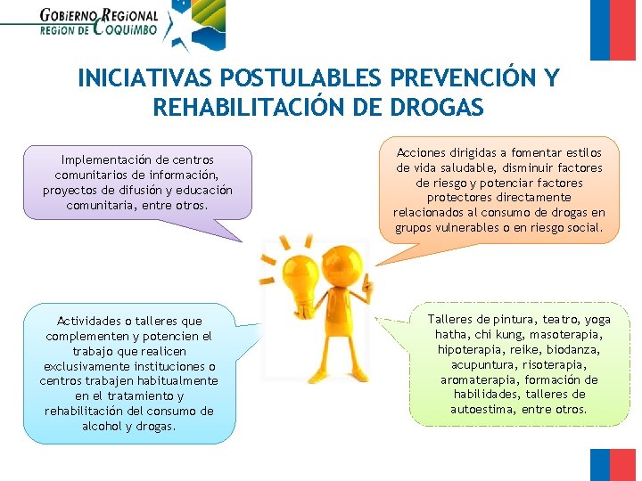 INICIATIVAS POSTULABLES PREVENCIÓN Y REHABILITACIÓN DE DROGAS Implementación de centros comunitarios de información, proyectos