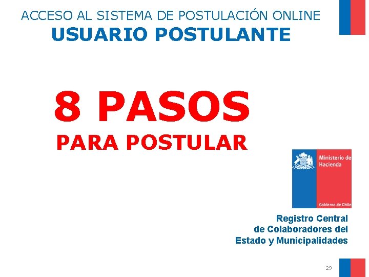 ACCESO AL SISTEMA DE POSTULACIÓN ONLINE USUARIO POSTULANTE 8 PASOS PARA POSTULAR Registro Central