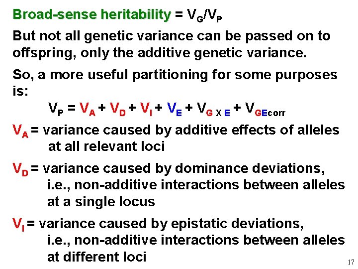 Broad-sense heritability = VG/VP But not all genetic variance can be passed on to