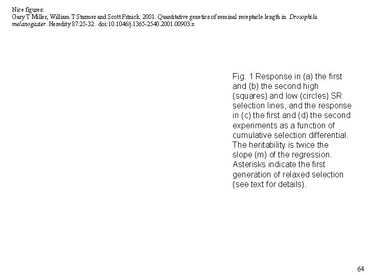 Nice figures: Gary T Miller, William T Starmer and Scott Pitnick. 2001. Quantitative genetics