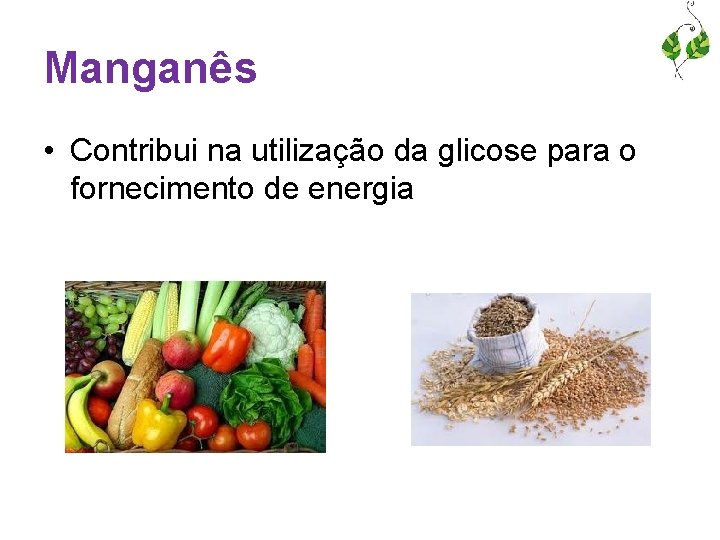 Manganês • Contribui na utilização da glicose para o fornecimento de energia 