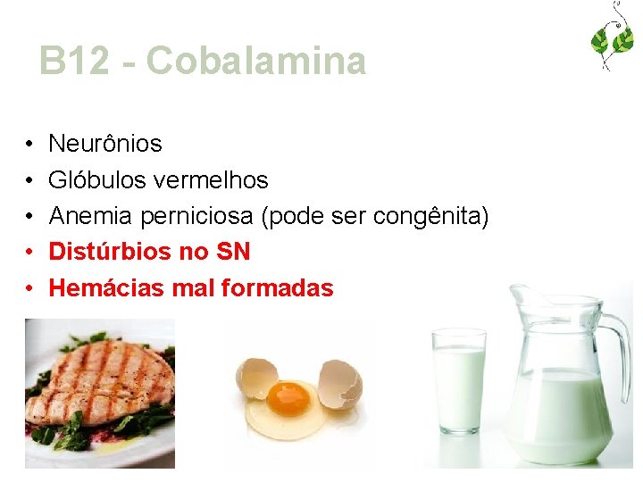 B 12 - Cobalamina • • • Neurônios Glóbulos vermelhos Anemia perniciosa (pode ser