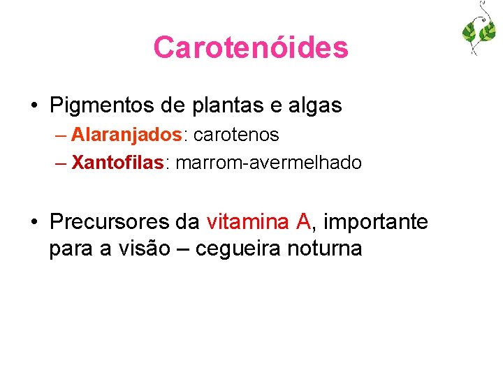 Carotenóides • Pigmentos de plantas e algas – Alaranjados: carotenos – Xantofilas: marrom-avermelhado •
