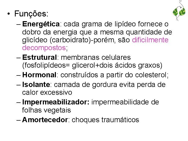 • Funções: – Energética: cada grama de lipídeo fornece o dobro da energia