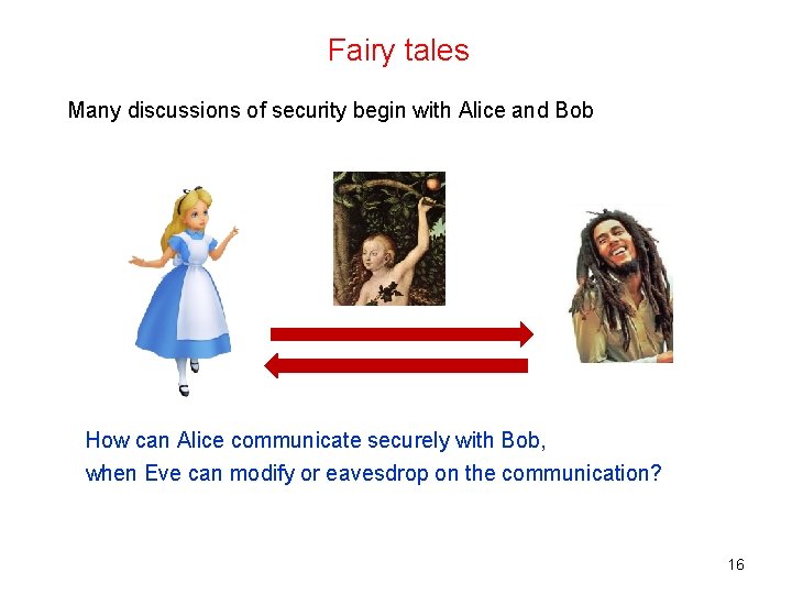 Fairy tales Many discussions of security begin with Alice and Bob Eve Alice Bob