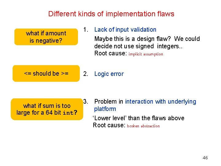 Different kinds of implementation flaws what if amount is negative? <= should be >=