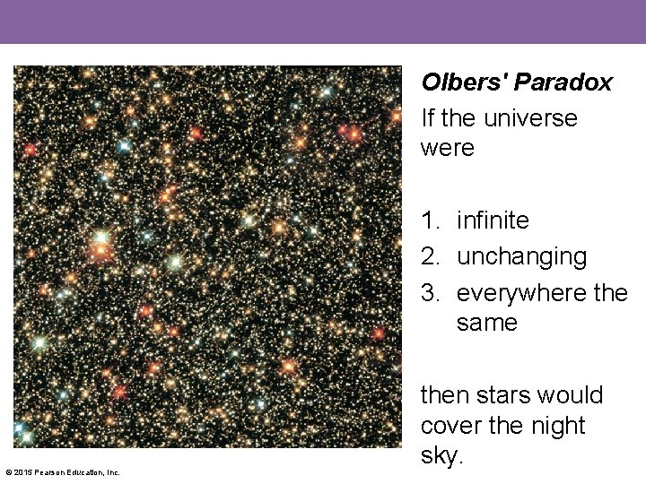 Olbers' Paradox If the universe were 1. infinite 2. unchanging 3. everywhere the same
