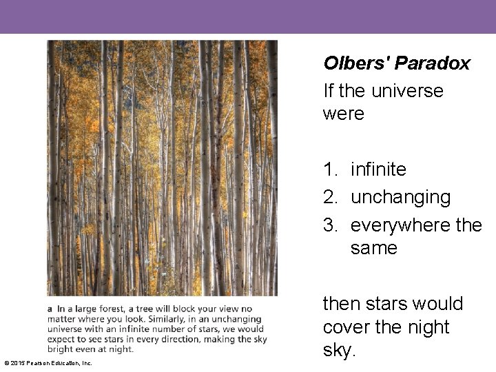 Olbers' Paradox If the universe were 1. infinite 2. unchanging 3. everywhere the same