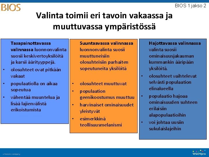 BIOS 1 jakso 2 Valinta toimii eri tavoin vakaassa ja muuttuvassa ympäristössä • •