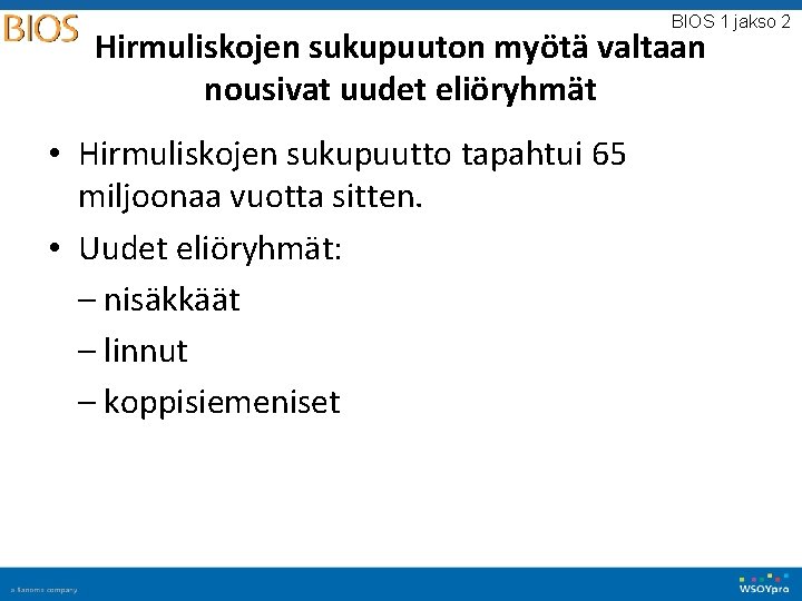 BIOS 1 jakso 2 Hirmuliskojen sukupuuton myötä valtaan nousivat uudet eliöryhmät • Hirmuliskojen sukupuutto