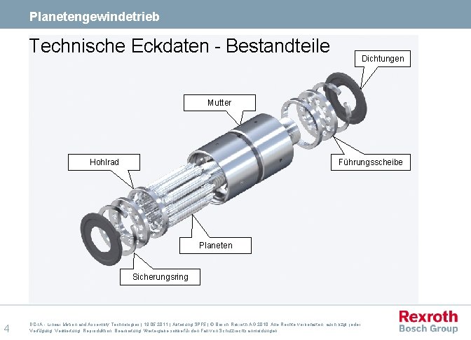 Planetengewindetrieb Technische Eckdaten - Bestandteile Dichtungen Mutter Hohlrad Führungsscheibe Planeten Sicherungsring 4 DC-IA -