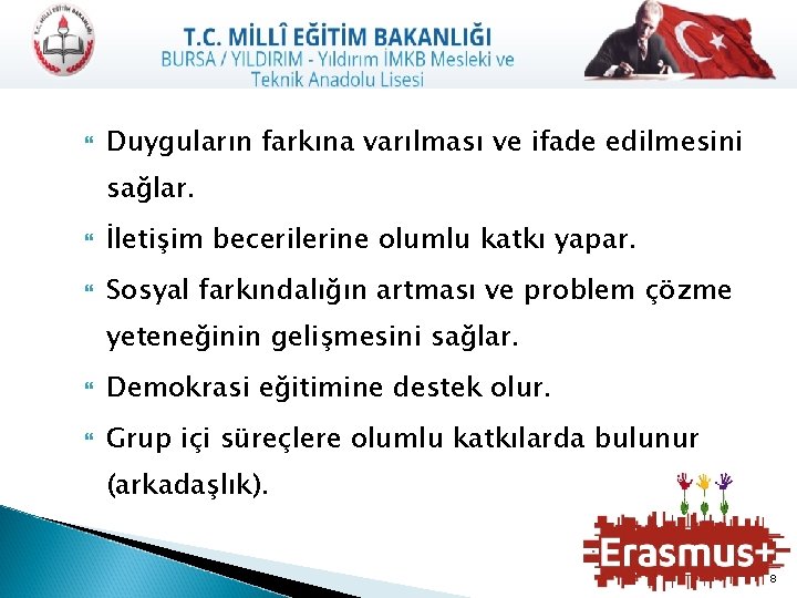  Duyguların farkına varılması ve ifade edilmesini sağlar. İletişim becerilerine olumlu katkı yapar. Sosyal