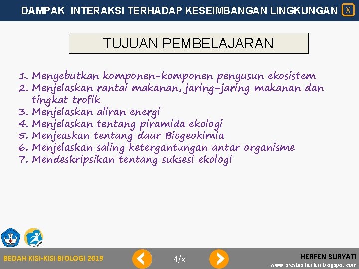 DAMPAK INTERAKSI TERHADAP KESEIMBANGAN LINGKUNGAN X TUJUAN PEMBELAJARAN 1. Menyebutkan komponen-komponen penyusun ekosistem 2.