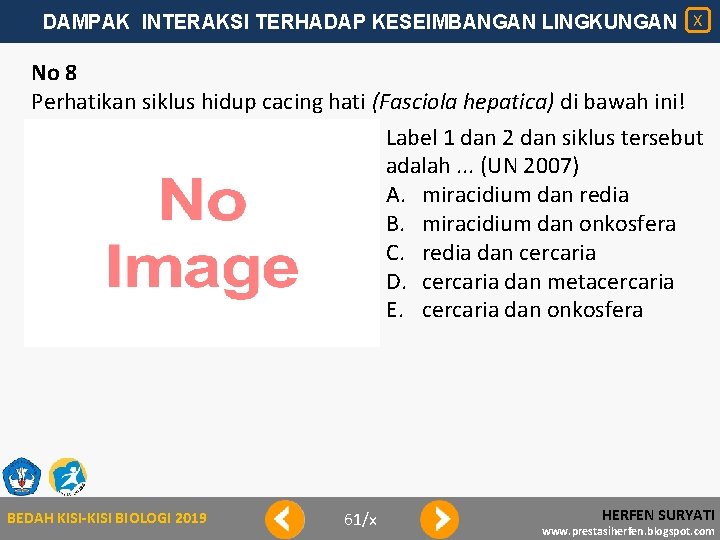 DAMPAK INTERAKSI TERHADAP KESEIMBANGAN LINGKUNGAN X No 8 Perhatikan siklus hidup cacing hati (Fasciola