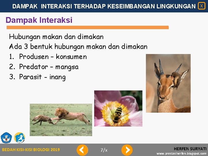 DAMPAK INTERAKSI TERHADAP KESEIMBANGAN LINGKUNGAN X Dampak Interaksi Hubungan makan dimakan Ada 3 bentuk
