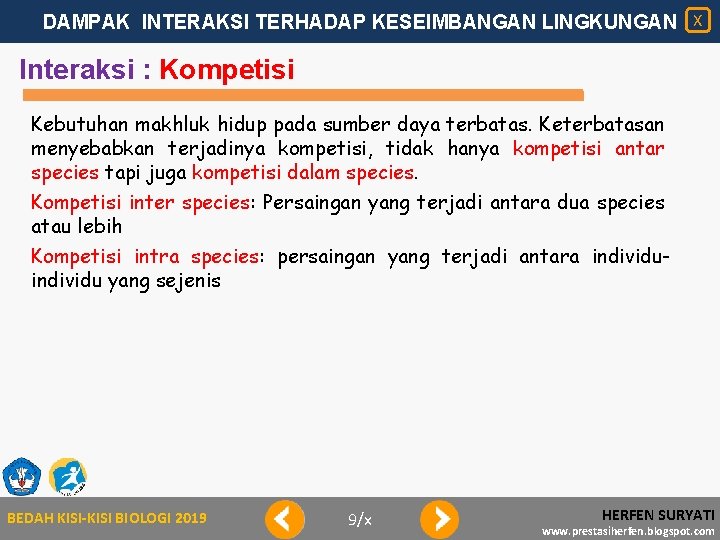 DAMPAK INTERAKSI TERHADAP KESEIMBANGAN LINGKUNGAN X Interaksi : Kompetisi Kebutuhan makhluk hidup pada sumber